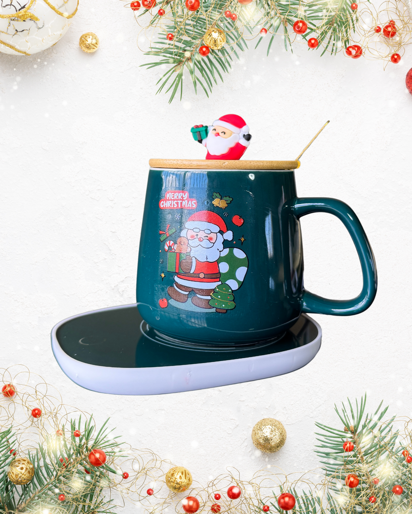 Christmas Mug with lid spoon & Cup Warmer